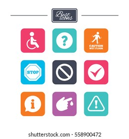 Attention caution icons. Question mark and information signs. Injury and disabled person symbols. Colorful flat square buttons with icons. Vector