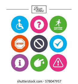 Attention caution icons. Question mark and information signs. Injury and disabled person symbols. Classic simple flat icons. Vector