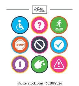Attention caution icons. Question mark and information signs. Injury and disabled person symbols. Classic simple flat icons. Vector