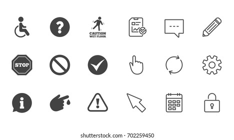 Attention caution icons. Question mark and information signs. Injury and disabled person symbols. Chat, Report and Calendar line signs. Service, Pencil and Locker icons. Click, Rotation and Cursor