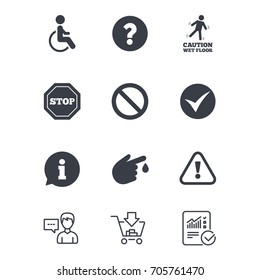 Attention caution icons. Question mark and information signs. Injury and disabled person symbols. Customer service, Shopping cart and Report line signs. Online shopping and Statistics. Vector