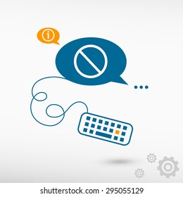 Attention caution and keyboard on chat speech bubbles. Line icons for application and creative process