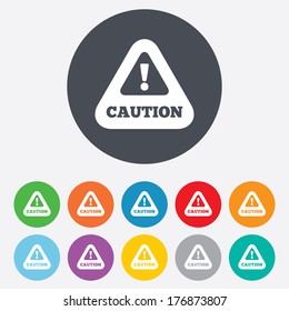 Attention caution sign icon. Exclamation mark. Hazard warning symbol. Round colourful 11 buttons. Vector