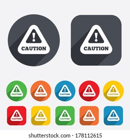 Attention caution sign icon. Exclamation mark. Hazard warning symbol. Circles and rounded squares 12 buttons. Vector