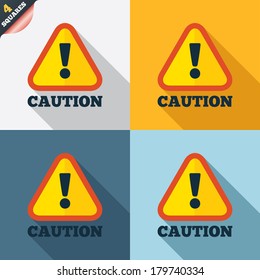 Attention caution sign icon. Exclamation mark. Hazard warning symbol. Four squares. Colored Flat design buttons. Vector