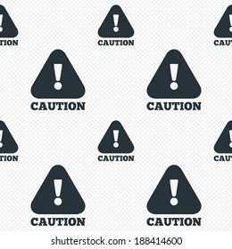 Attention caution sign icon. Exclamation mark. Hazard warning symbol. Seamless grid lines texture. Cells repeating pattern. White texture background. Vector
