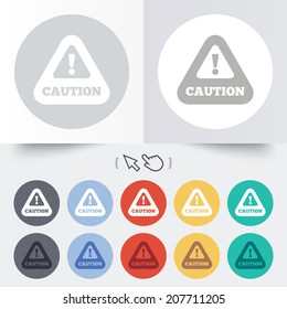 Attention caution sign icon. Exclamation mark. Hazard warning symbol. Round 12 circle buttons. Shadow. Hand cursor pointer. Vector
