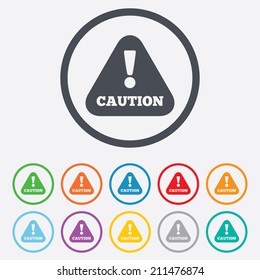 Attention caution sign icon. Exclamation mark. Hazard warning symbol. Round circle buttons with frame. Vector