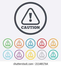 Attention caution sign icon. Exclamation mark. Hazard warning symbol. Round circle buttons with frame. Vector