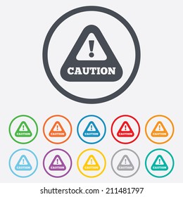 Attention caution sign icon. Exclamation mark. Hazard warning symbol. Round circle buttons with frame. Vector