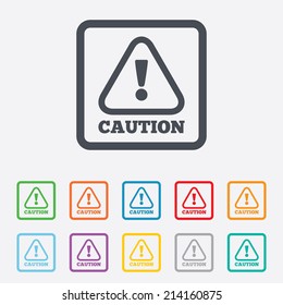 Attention caution sign icon. Exclamation mark. Hazard warning symbol. Round squares buttons with frame. Vector