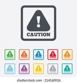 Attention caution sign icon. Exclamation mark. Hazard warning symbol. Round squares buttons with frame. Vector
