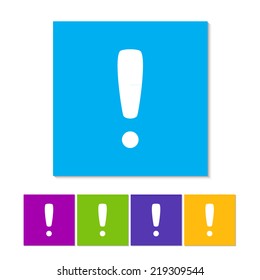 Attention caution sign icon. Exclamation mark. Hazard warning symbol. Five squares. Colored Flat design button. Orange, purple, magenta, violet, yellow, green and blue color buttons
