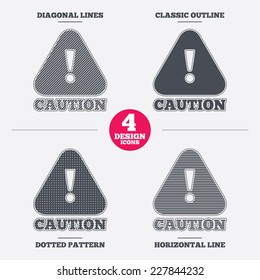 Attention caution sign icon. Exclamation mark. Hazard warning symbol. Diagonal and horizontal lines, classic outline, dotted texture. Pattern design icons.  Vector