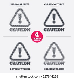 Attention caution sign icon. Exclamation mark. Hazard warning symbol. Diagonal and horizontal lines, classic outline, dotted texture. Pattern design icons.  Vector
