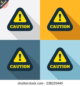 Attention caution sign icon. Exclamation mark. Hazard warning symbol. Four squares. Colored Flat design buttons. Vector