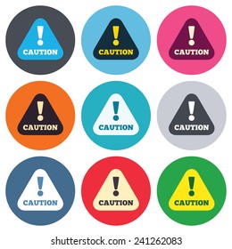 Attention caution sign icon. Exclamation mark. Hazard warning symbol. Colored round buttons. Flat design circle icons set. Vector