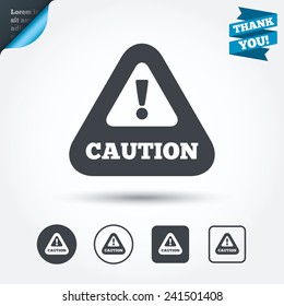 Attention caution sign icon. Exclamation mark. Hazard warning symbol. Circle and square buttons. Flat design set. Thank you ribbon. Vector