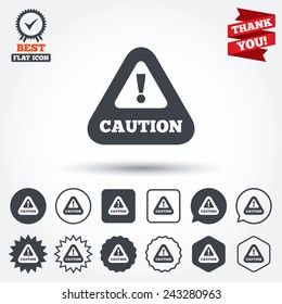 Attention caution sign icon. Exclamation mark. Hazard warning symbol. Circle, star, speech bubble and square buttons. Award medal with check mark. Thank you ribbon. Vector