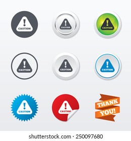 Attention caution sign icon. Exclamation mark. Hazard warning symbol. Circle concept buttons. Metal edging. Star and label sticker. Vector