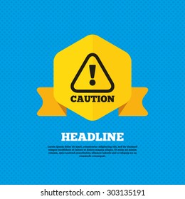 Attention caution sign icon. Exclamation mark. Hazard warning symbol. Yellow label tag. Circles seamless pattern on back. Vector
