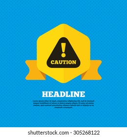 Attention caution sign icon. Exclamation mark. Hazard warning symbol. Yellow label tag. Circles seamless pattern on back. Vector