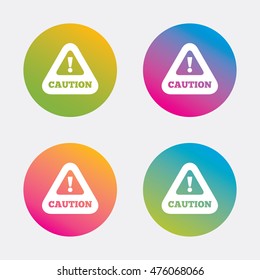 Attention caution sign icon. Exclamation mark. Hazard warning symbol. Gradient flat buttons with icon. Modern design. Vector
