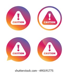 Attention caution sign icon. Exclamation mark. Hazard warning symbol. Gradient buttons with flat icon. Speech bubble sign. Vector
