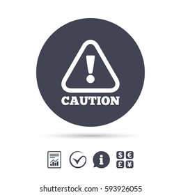 Attention caution sign icon. Exclamation mark. Hazard warning symbol. Report document, information and check tick icons. Currency exchange. Vector