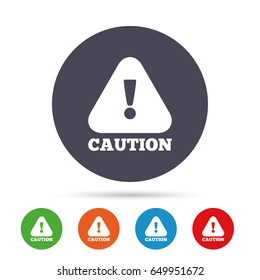 Attention caution sign icon. Exclamation mark. Hazard warning symbol. Round colourful buttons with flat icons. Vector