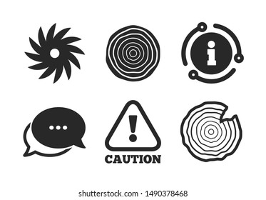 Attention caution symbol. Chat, info sign. Wood and saw circular wheel icons. Sawmill or woodworking factory signs. Classic style speech bubble icon. Vector