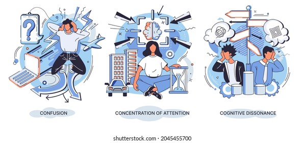 Attention concentration, cognitive dissonance, confusion color icon. Concept of concentration exercise, productive goal setting, mind focus and mindfulness. Mental state abstract concept vector