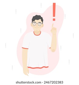 Ilustración del concepto de atención. La ilustración muestra a un hombre con un signo de atención. Ilustración vectorial