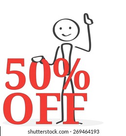 Attention concept illustration with small ink style cartoon man 50 % off