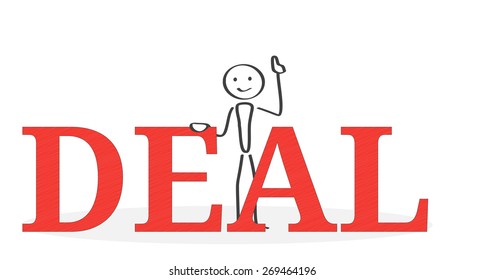 Attention concept illustration with small ink style cartoon man, deal.