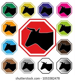 Attention cow,multicolor sign set. 
Octagonal informing sign about the presence in the given territory of animals of a certain type.