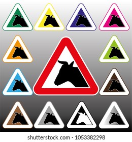 Attention cow,multicolor sign set. 
A triangular information sign about the presence of animals of a certain type in a given territory.