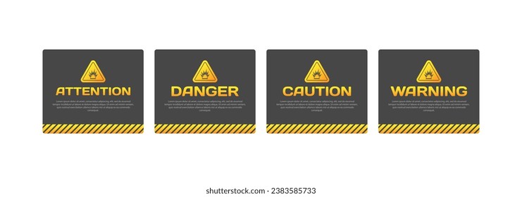 Attention, Danger, Caution, Warning signs. Flat, yellow, warning signs with explanations. Vector icons