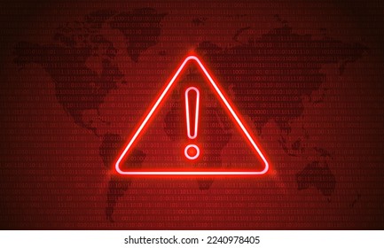 Attention Danger Hacking. Neon Symbol on Red Map Background. Security protection, Malware, Hack Attack, Data Breach Concept. System hacked error, Attacker alert sign computer virus. Ransomware. Vector