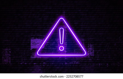 Attention Danger Hacking. Neon Symbol on Purple Big City Background. Security protection, Malware, Hack Attack, Data Breach Concept. System hacked error, Attacker alert sign computer virus. Ransomware