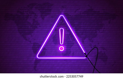 Attention Danger Hacking. Neon Symbol on Map Purple Background. Security protection Malware Hack Attack Data Breach Concept. System hacked error, Attacker alert sign computer virus. Ransomware. Vector