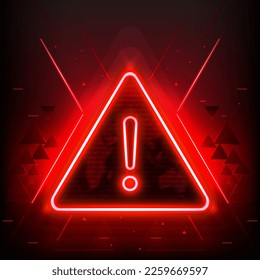 Attention Danger Hacking. Neon Symbol on Red Map Background. Security protection, Malware, Hack Attack, Data Breach Concept. System hacked error, Attacker alert sign computer virus. Ransomware. Vector