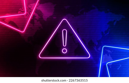 Attention Danger Hacking. Neon Symbol on Blue and Pink Map Background. Security protection, Malware, Hack Attack, Data Breach. System hacked error, Attacker alert sign computer virus.Ransomware.Vector