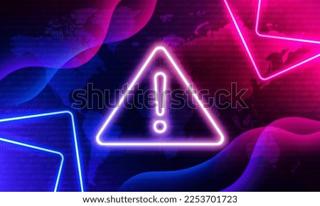 Attention Danger Hacking. Neon Symbol on Blue and Pink Map Background. Security protection, Malware, Hack Attack, Data Breach. System hacked error, Attacker alert sign computer virus.Ransomware.Vector