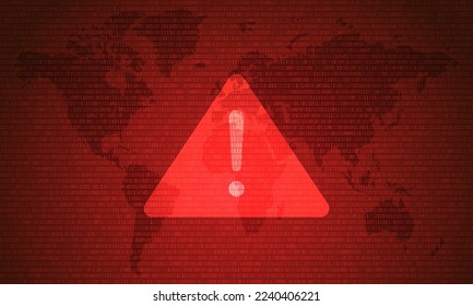 Atención, peligro Hacking. Símbolo en mapa fondo rojo oscuro. Protección de seguridad, malware, ataque informático, concepto de violación de datos. Error de hackeado del sistema, Virus del equipo de la alerta del atacante. Ransomware. Vector