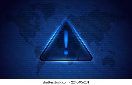 Atención, peligro Hacking. Símbolo en mapa fondo azul oscuro. Protección de seguridad, malware, ataque informático, concepto de violación de datos. Error de hackeado del sistema, Virus del equipo de la alerta del atacante. Ransomware.Vector