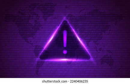 Attention Danger Hacking. Symbol on Map Dark Purple Background. Security protection Malware Hack Attack Data Breach Concept. System hacked error, Attacker alert sign computer virus. Ransomware. Vector