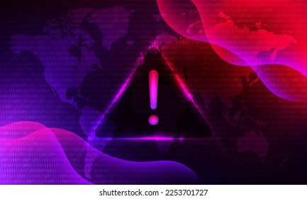 Attention Danger Hacking. Symbol on Purple and Red. Map Background. Security protection, Malware, Hack Attack, Data Breach. System hacked error, Attacker alert sign computer virus. Ransomware. Vector