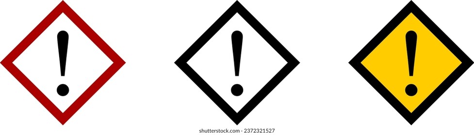 Attention Danger or Hazard Warning Sign Icon Set with Exclamation Mark and Diamond Shaped Frame. Vector Image.