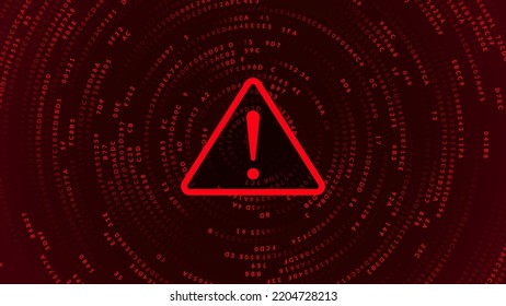 Attention Danger Symbol on Dark Red Matrix Spiral Binary Numbers Background. Computer Virus. System Hacked Error Sign. Malware, Ransomware, Data Breach Concept. Vector Illustration.